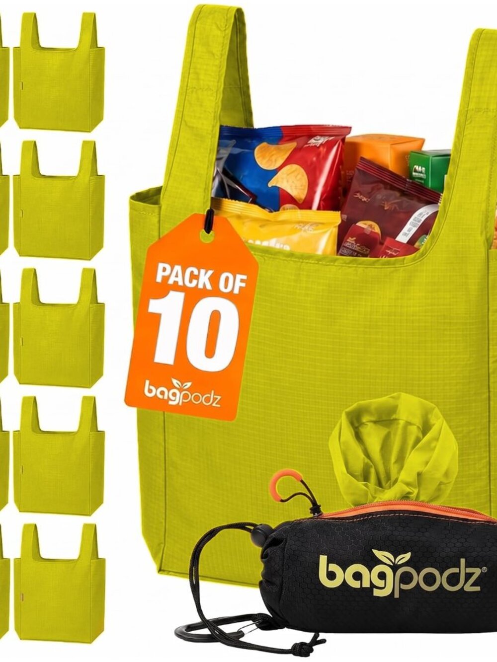 Reusable Grocery Bags, Foldable Shopping Bags in Pod, 10 Pack